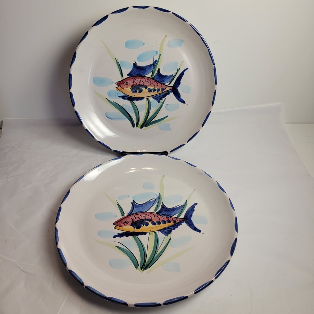 2 Vietri Italy‎ Fish Ceramic Hand Painted Dinner Plate Blue Scalloped Edge Set